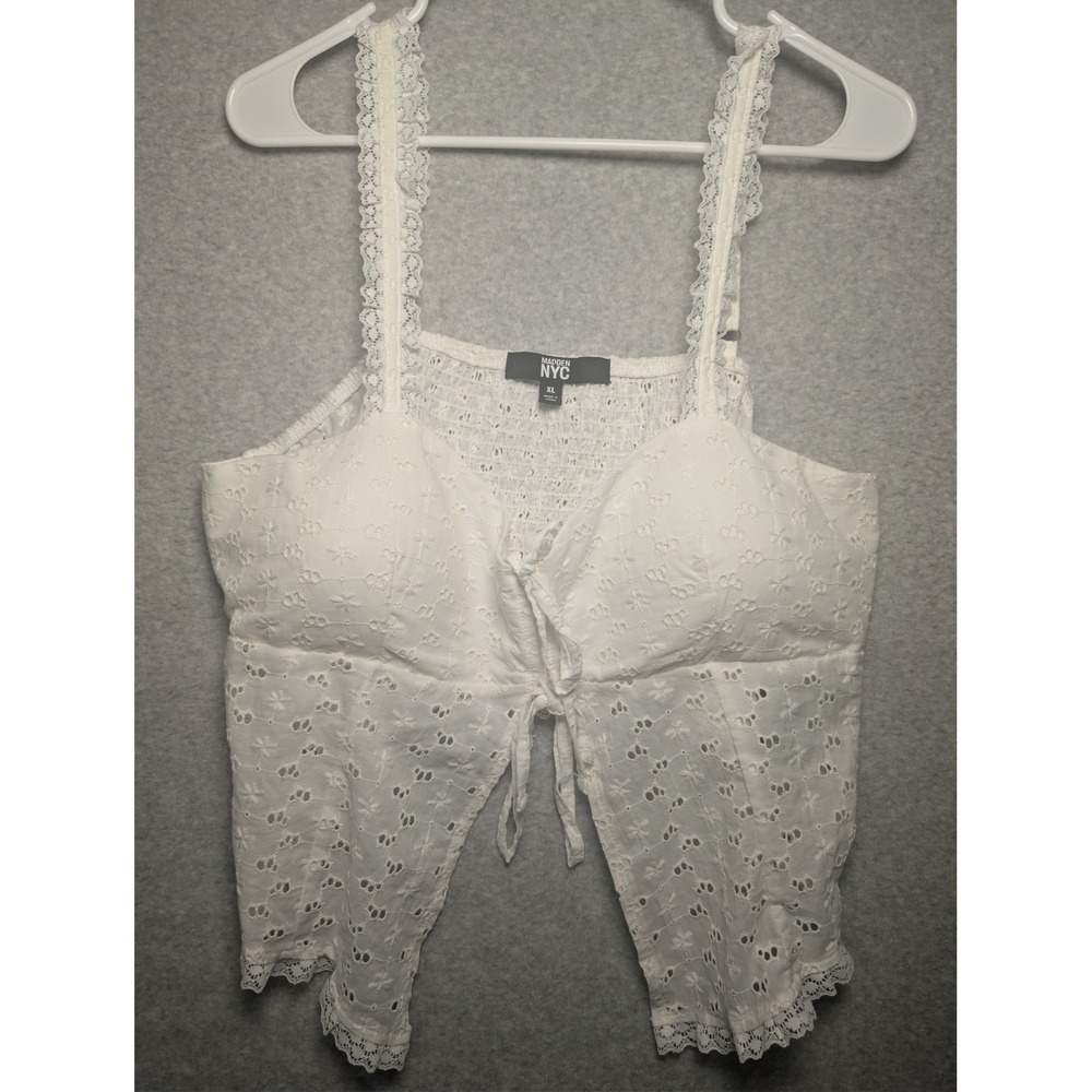 Madden NYC Camisole Tank XL Sweetheart Tie Front Smocked Eyelet Cottagecore